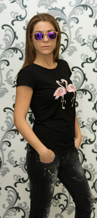 Дамска тениска с фламинго - черна 3