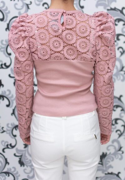 Плетена блуза с дантела - розова 4