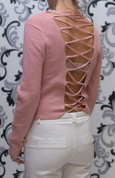 Плетена блуза с връзки на гърба - розова 3