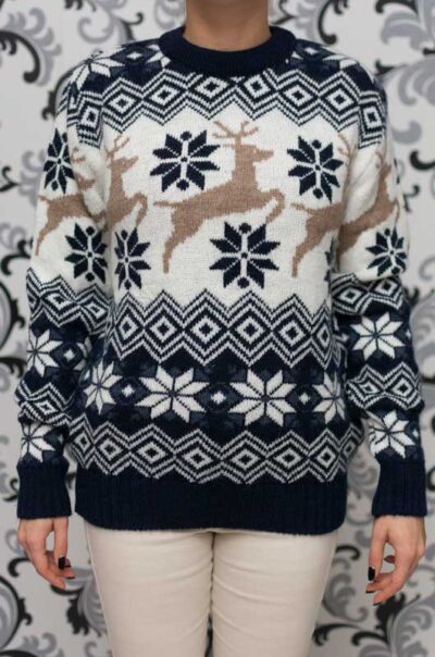 Коледен пуловер с елени и снежинки - тъмносин 1